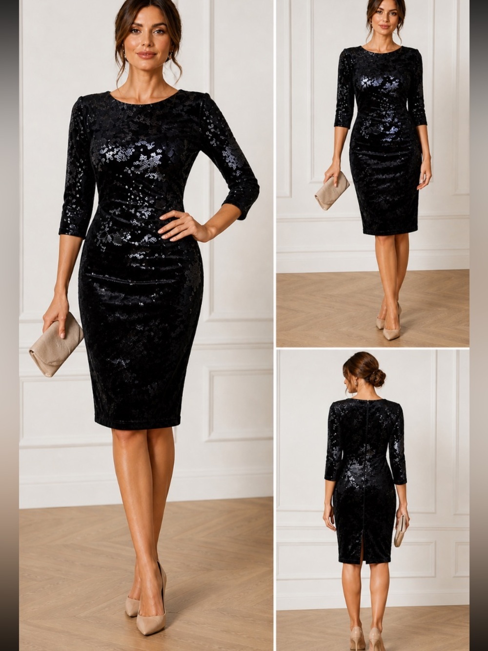 Eliza J navy  Sequin Long Sleeve Dress velour dress size 6 Classic Evening Style
